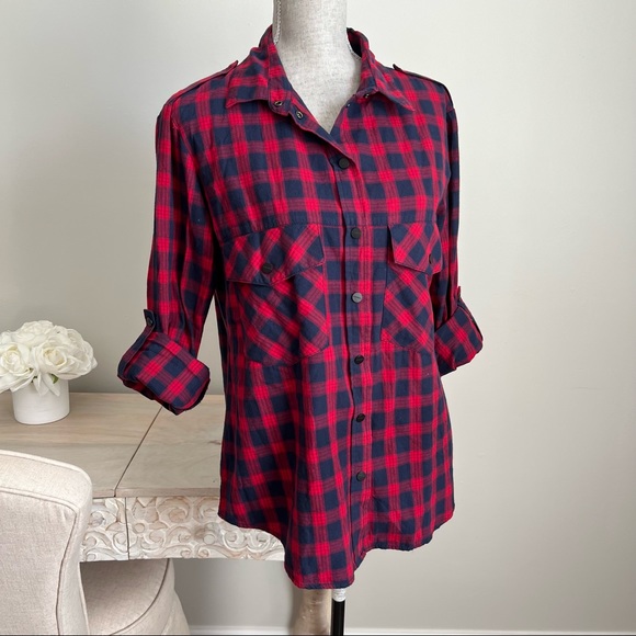 Sanctuary Navy Plaid Long Sleeve Snap Down Shirt Top Blouse Small - Picture 5 of 16